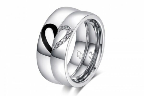Steel ring with half heart of white crystals