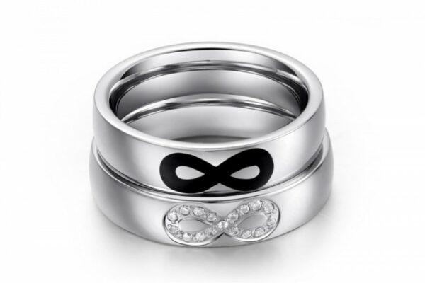 Steel ring with infinity of white crystals