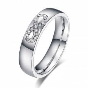 Steel ring with infinity of white crystals