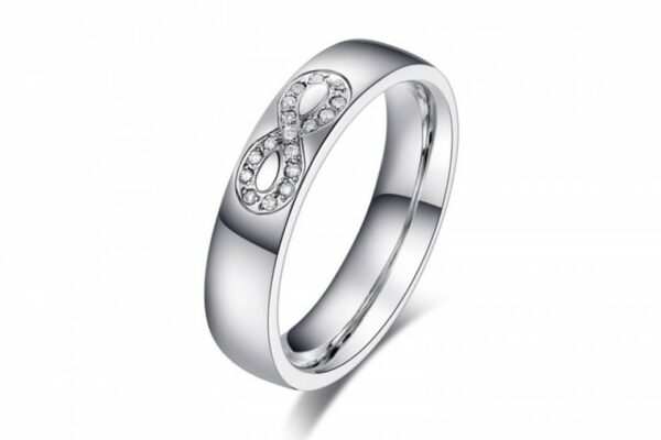 Steel ring with infinity of white crystals