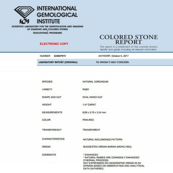 RUBINO TAGLIO OVALE CERTIFICATO IGI DI CT. 1.47